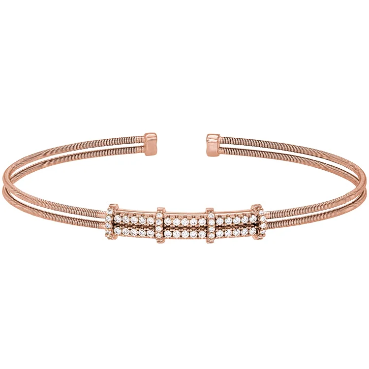 Handcrafted Silver Bracelets For Women-Rose Gold Finish Sterling Silver Two Cable Cuff Bracelet with Two Row Simulated Diamond Pattern