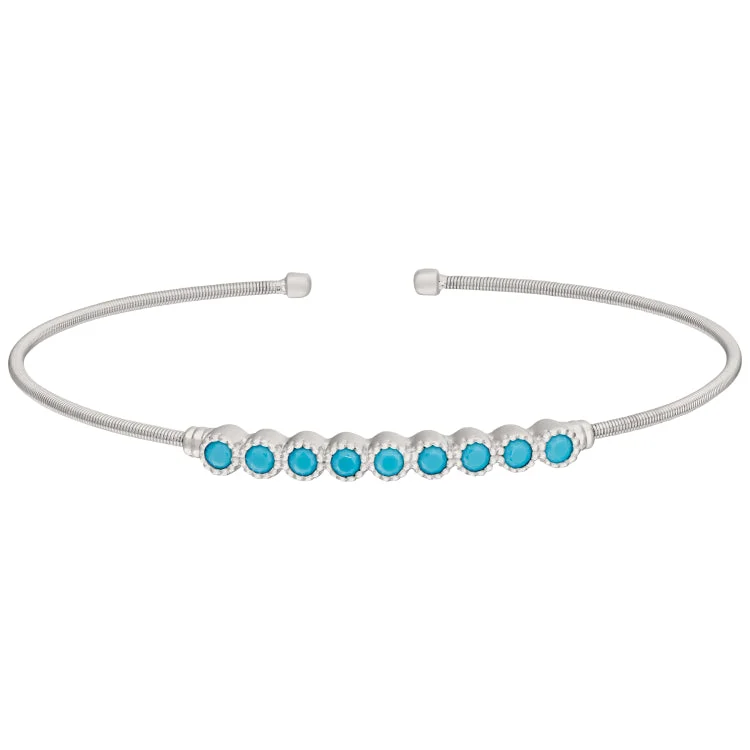 Adjustable Cuff Bracelets-Rhodium Finish Sterling Silver Cable Cuff Bracelet with Beaded Bezel Set Simulated Turquoise