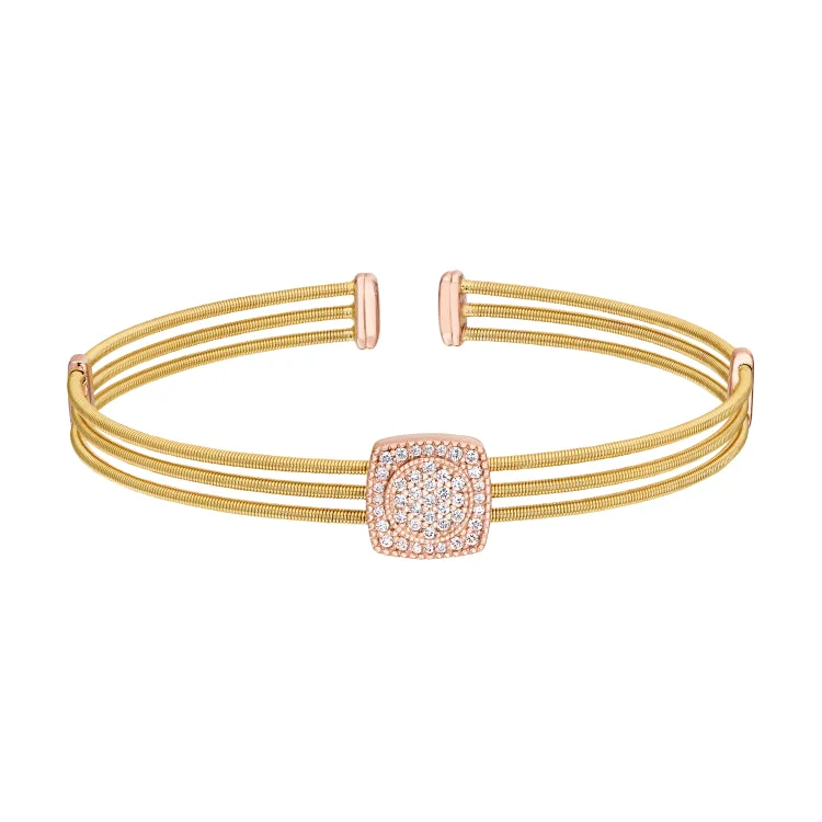 Heart-Shaped Charm Bracelets-Gold Finish Sterling Silver Three Cable Cuff Bracelet with Rose Gold Finish Simulated Diamond Circle In Square