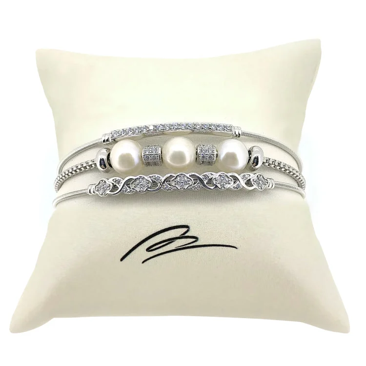 Sterling Silver Wire Bracelets-Silver Pearl Stack