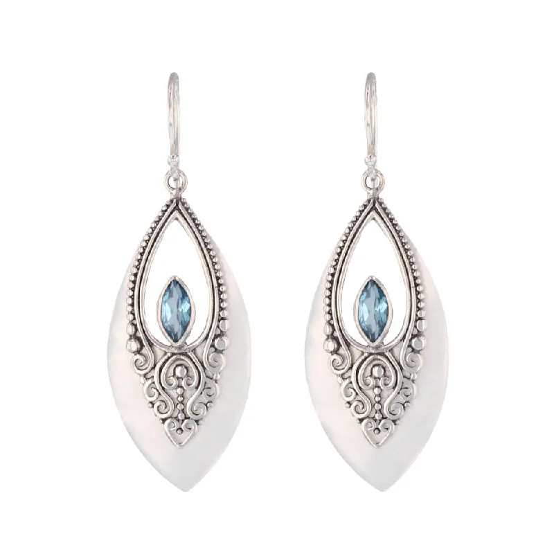 Silver Love Necklaces For Girlfriends -Ethereal Earrings-Mother of Pearl & Blue Topaz Dangle Earrings