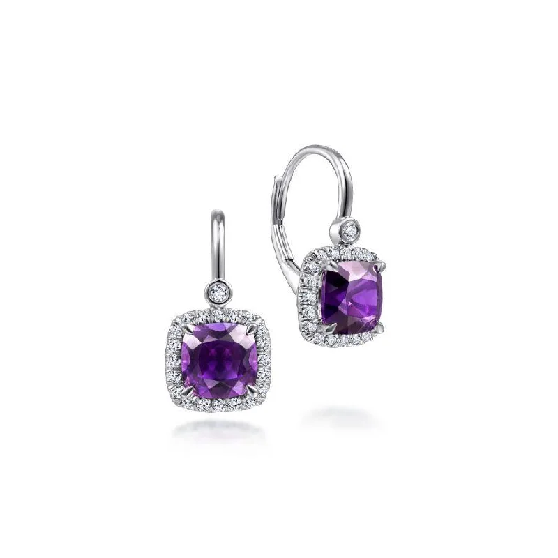 Designer Diamond Necklaces For Glamour -Modern Earrings-Gabriel & Co. - EG13953W45AM - 14K White Gold Cushion Cut Amethyst and Diamond Halo Drop Earrings