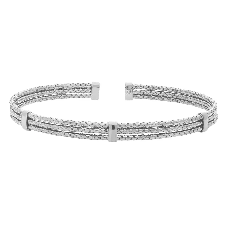 Men’s Beaded Jewelry Bracelets-Rhodium Finished Sterling Silver 3 Cable 3 Bar Cuff Bracelet