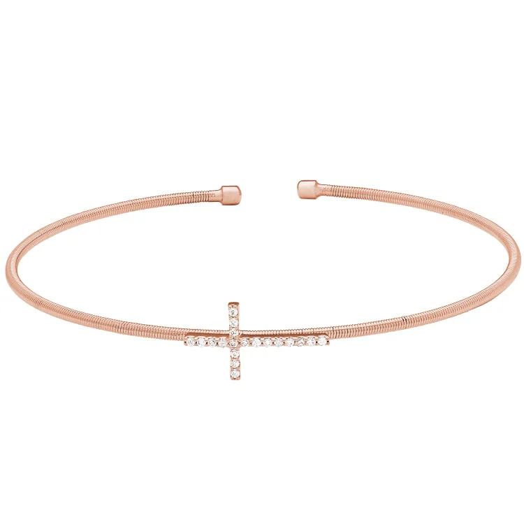 Organic Hemp Bracelets-Rose Gold Finish Sterling Silver Cable Cuff Cross Bracelet with Simulated Diamonds