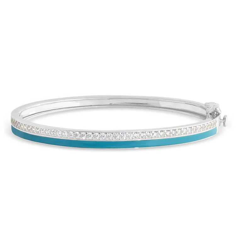 Personalized Couples Bracelets For Lovers-Platinum Finish Sterling Silver Micropave Hinged Bangle Bracelet with Turquoise Enamel and Simulated Diamonds