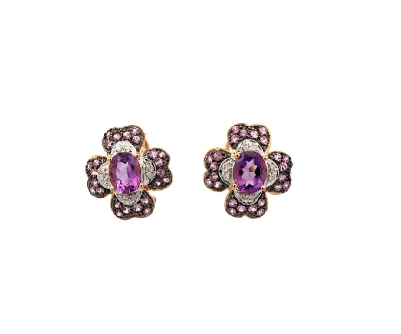 Luxury Necklaces For Corporate Gifts -Gemstone Stud Earrings-0.25ctw Diamond Amethyst and Pink Sapphire Flower Earrings in 14K