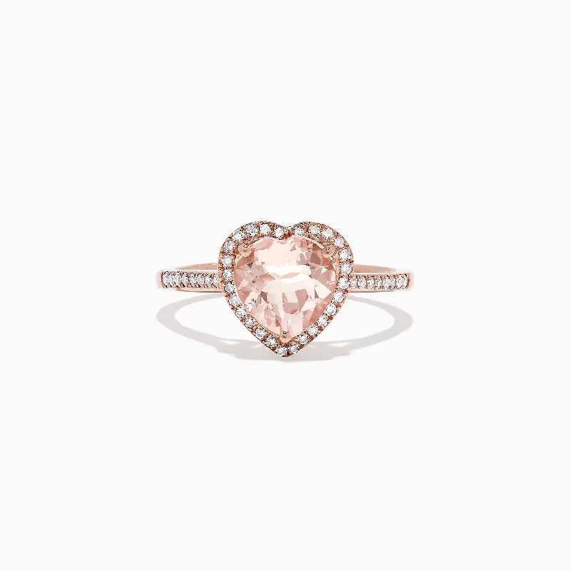 Wedding Rings With Round Diamonds For Her-Blush 14K Rose Gold Morganite and Diamond Heart Ring, 1.93 TCW