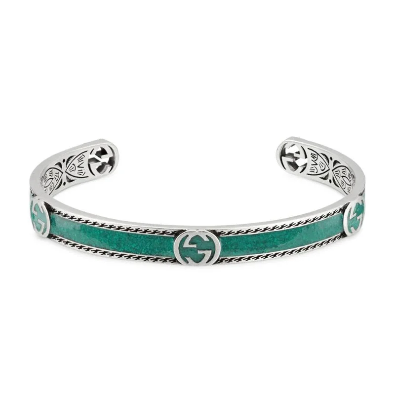 Retro Bracelets For Men-Interlocking G Cuff in Turquoise Enamel