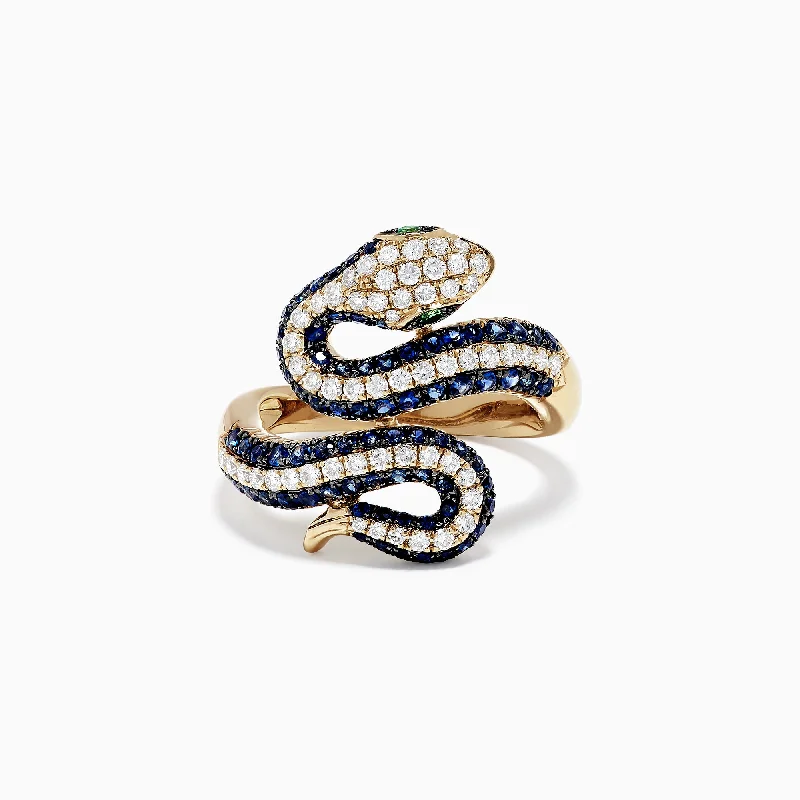 Modern Engagement Bands For Women-Safari 14K Yellow Gold Blue Sapphire and Diamond Snake Ring, 1.49 TW