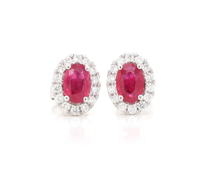 Elegant Diamond Necklaces For Gifts -Pink Drop Earrings-1.20ctw Oval Ruby and 0.50ctw Diamond Frame Stud Earrings in 14K