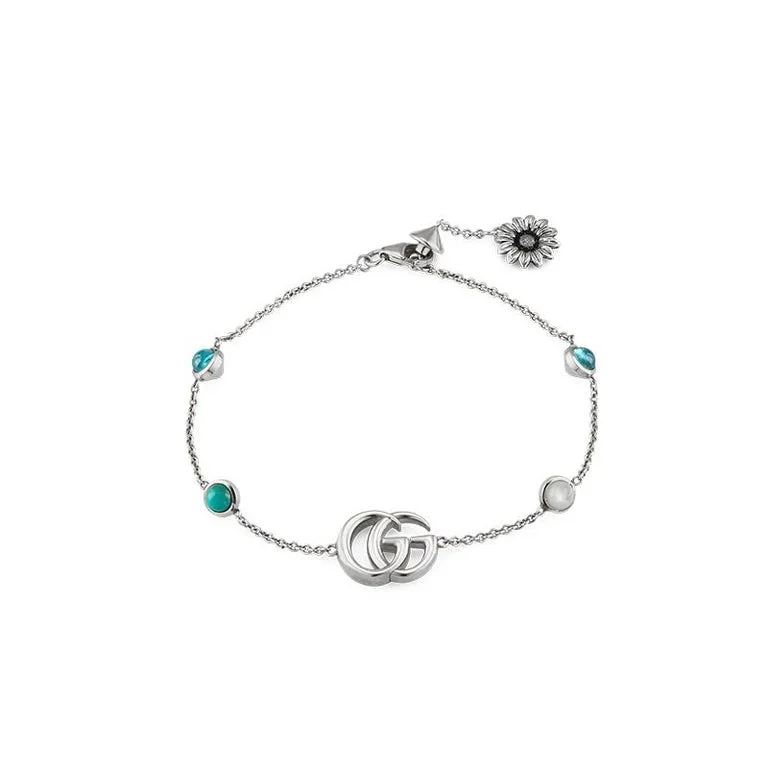 Unique Sterling Silver Bracelets-Double G and Flower Bracelet with Mother of Pearl and Blue Topaz