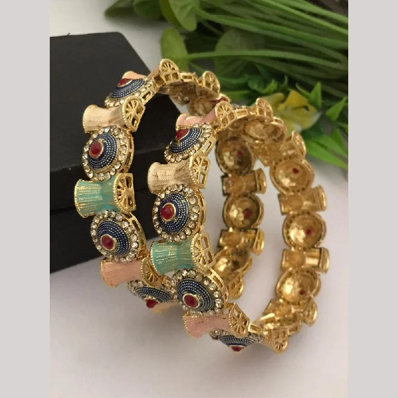 Large Gold Bangles For Fashion Statements-FS Collections Gold Plated Pota Stone And Austrian Stone Meenakari Bangles Set