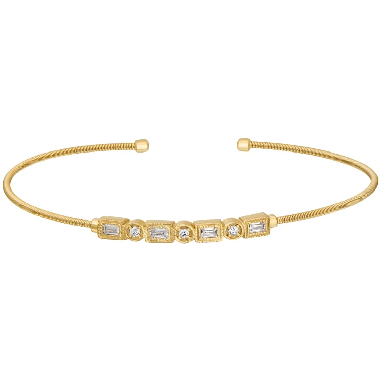 Layered Gold Bracelets-Gold Finish Sterling Silver Cable Cuff Bracelet with Simulated Diamond Emerald & Round Design