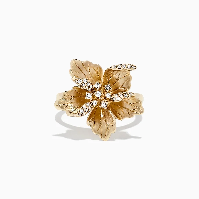 Women's Wedding Bands With Simple Gold Designs-Nature 14K Yellow Gold Diamond Flower Ring, 0.23 TCW