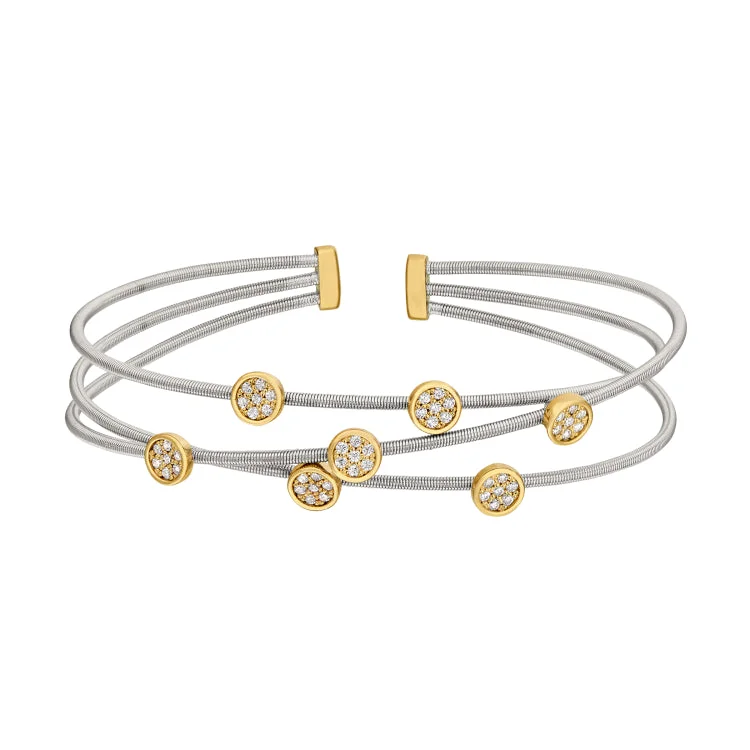 Friendship Leather Bracelets-Rhodium Finish Sterling Silver Three Cable Cuff Bracelet with Gold Finish Simulated Diamond Small Circles