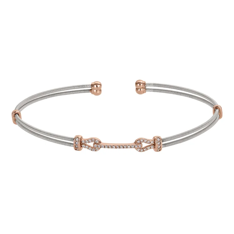 Vintage Beaded Bracelets-Rhodium Finish Sterling Silver Two Cable Cuff Bracelet with Rose Gold Finish Simulated Diamond Buckle Design