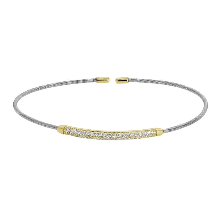 Colorful Metal Bracelets-Rhodium Finish Sterling Silver Single Cable Cuff Bracelet with Gold Finish Double Row Simulated Diamonds