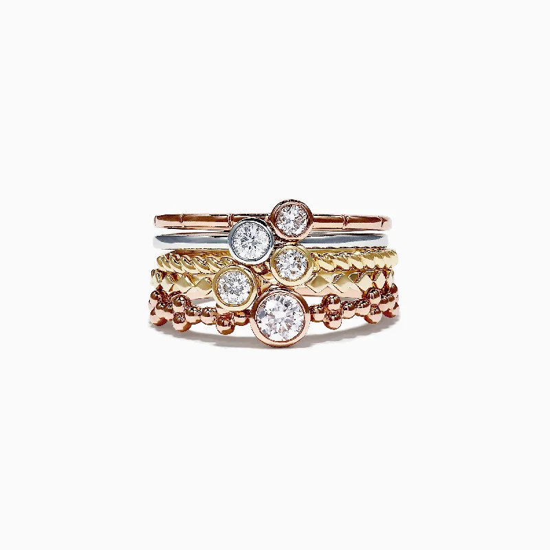 Handcrafted Engagement Bands For Women-Trio 14K Tri Color Gold Diamond 5 Stack Ring, 0.61 TCW