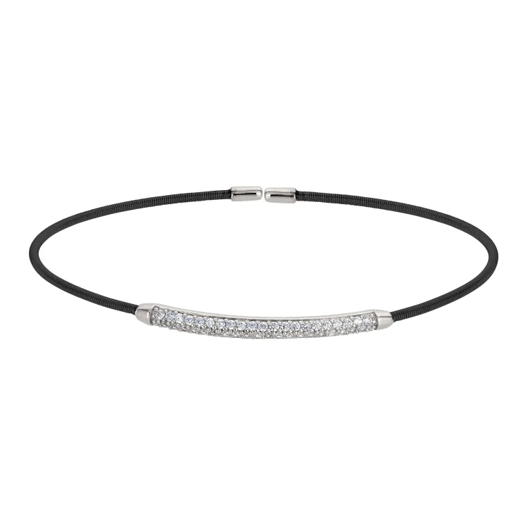 Simple Charm Bracelets For Women-Black Rhodium Finish Sterling Silver Single Cable Cuff Bracelet with Rhodium Finish Double Row Simulated Diamonds