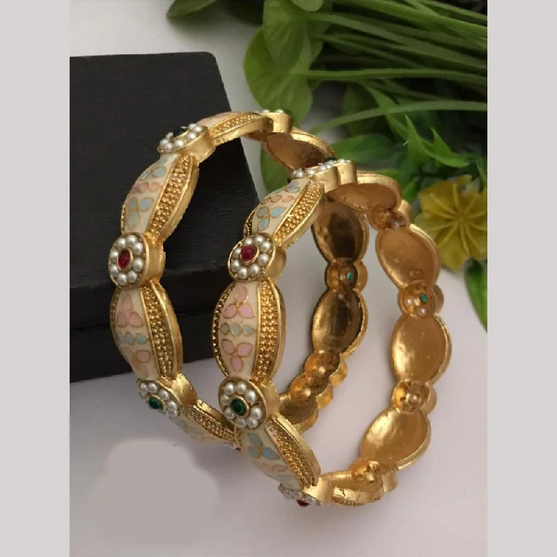 Bohemian Style Bangles For Casual Look-FS Collections Gold Plated Pota Stone And Pearls Meenakari Bangles Set