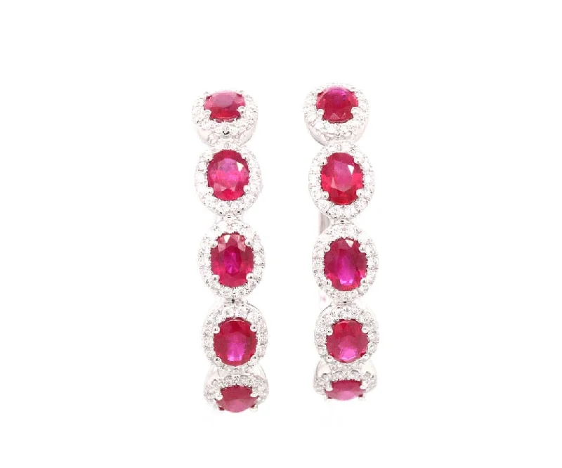 Boho Style Necklaces For Free-Spirited Women -Mixed Material Earrings-New 3.37ctw Oval Ruby and 0.64ctw Diamond Frame Hoop Earrings in 18K