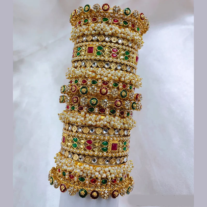 Colorful Bangles For Parties-SNERA Gold Plated Pota Stone And Pearls Bangle Set