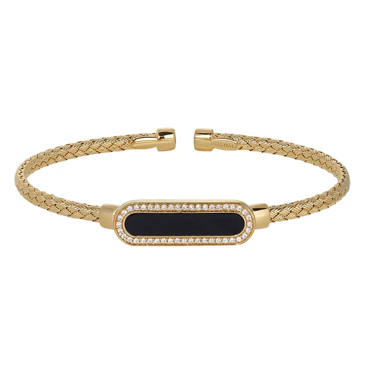 Elegant Silver Bracelets With Gems-Gold Finish Sterling Silver Basketweave Cable Cuff  Bracelet with an Oval with Simulated Diamonds and an Onyx Stone