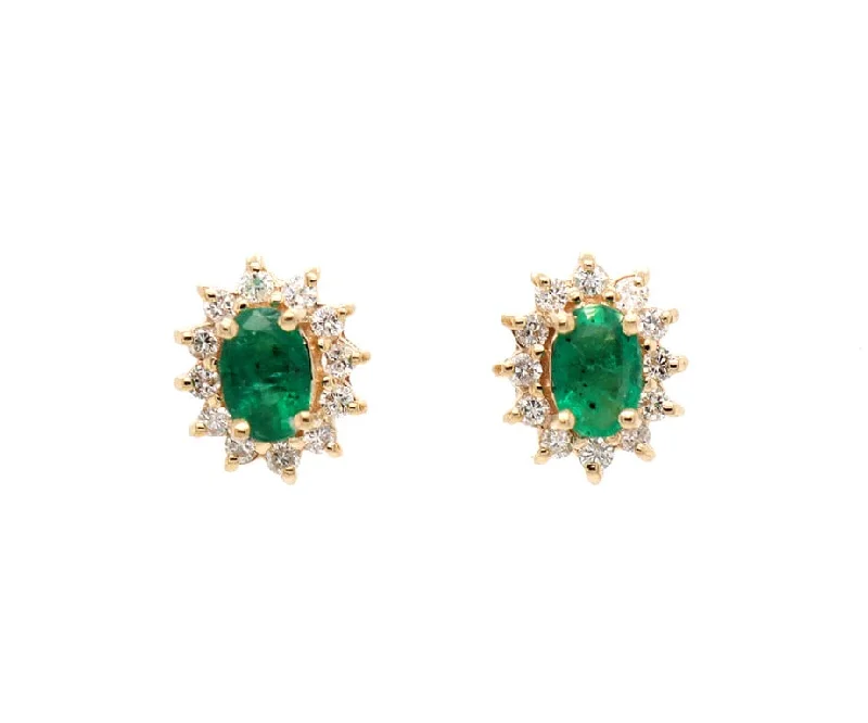 Custom Engraved Necklaces For Personal Gifts -Brass Stud Earrings-0.95ctw Oval Emeralds and 0.23ctw Diamond Frame Stud Earrings in 14K