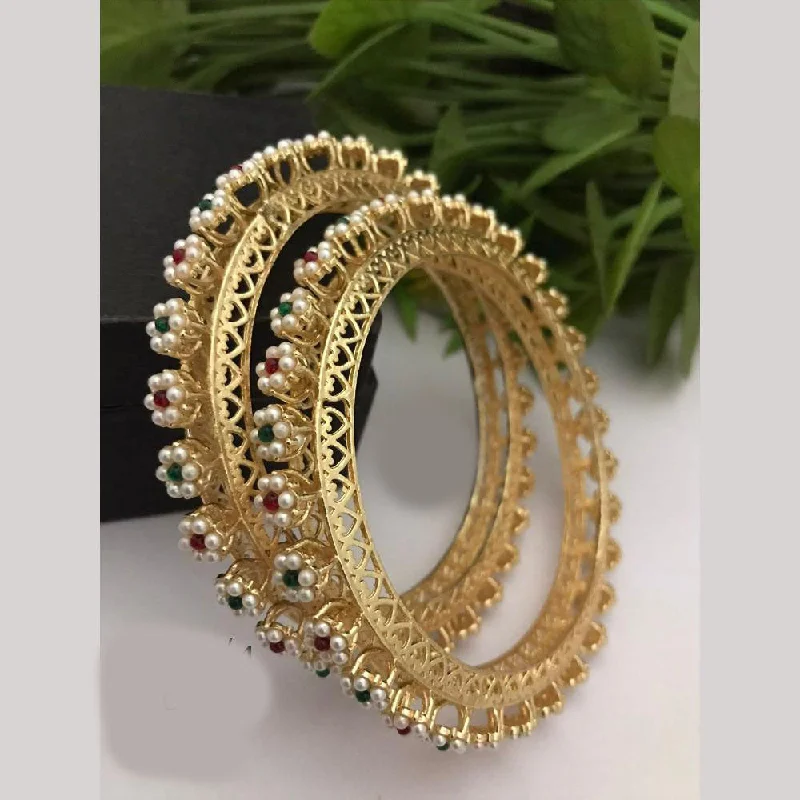 Natural Wooden Bangles For Earthy Appeal-FS Collections Gold Plated Pota Stone And Pearls Bangles Set