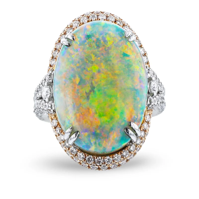 Affordable Wedding Rings With Diamonds-JULEVE 18KT GOLD 12.41CT AUSTRALIAN OPAL & 1.30CTW DIAMOND HALO RING