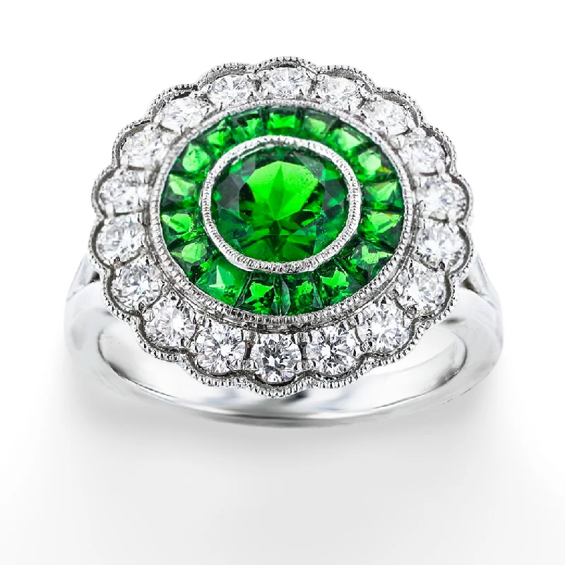 Titanium Rings For Men-18KT WHITE GOLD 2.20CT TSAVORITE & 0.72CTW DIAMOND SCALLOPED RING