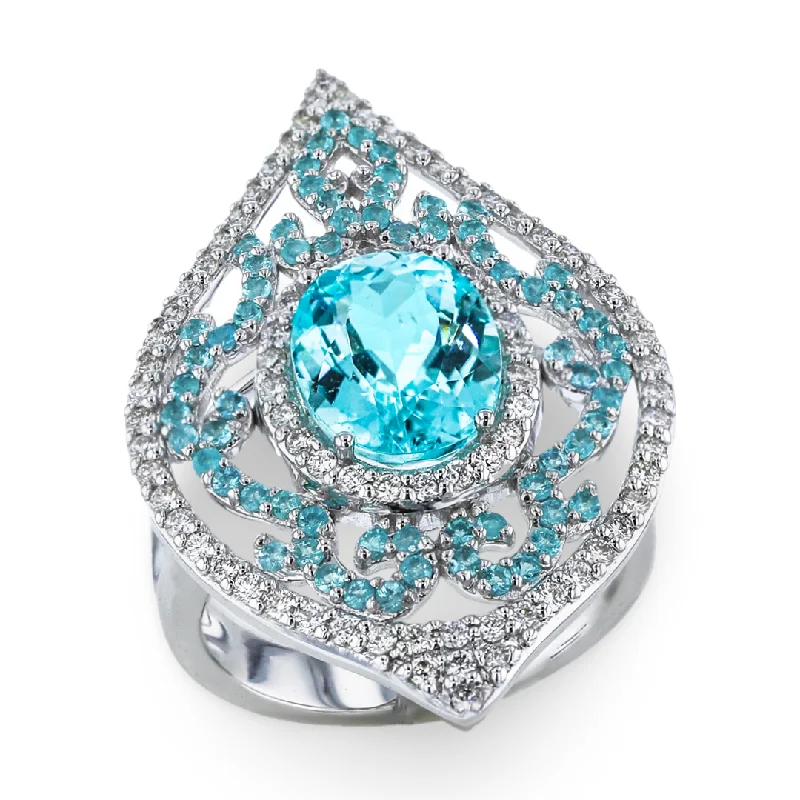 Custom Rings With Unique Gemstone Settings-JULEVE 18KT WHITE GOLD 3.56CT PARAIBA TOURMALINE & 0.60CTW DIAMOND RING