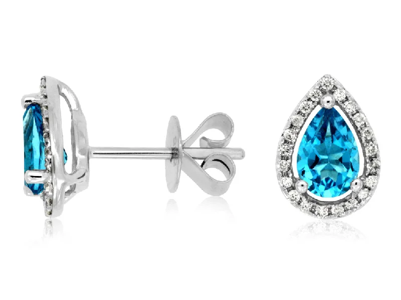 Luxury Crystal Necklaces For Glamour -Pink Crystal Earrings-14k White Gold Pear Shape Blue Topaz and Diamond halo earrings