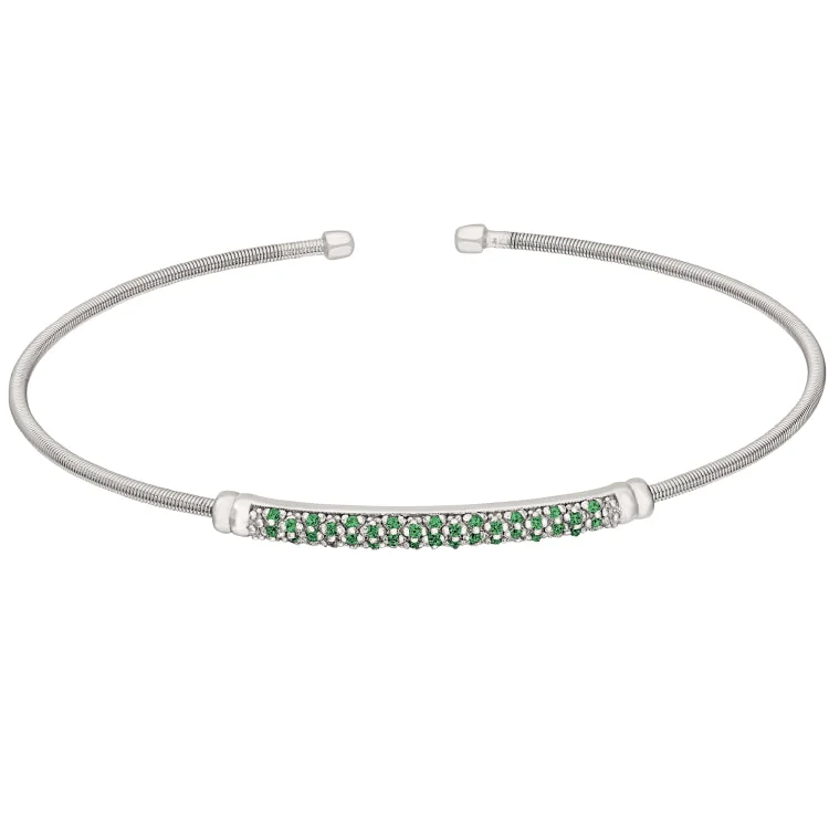 Zodiac Sign Bracelets-Rhodium Finish Sterling Silver Cable Cuff Bracelet with Three Rows of Simulated Emerald Birth Gems - May