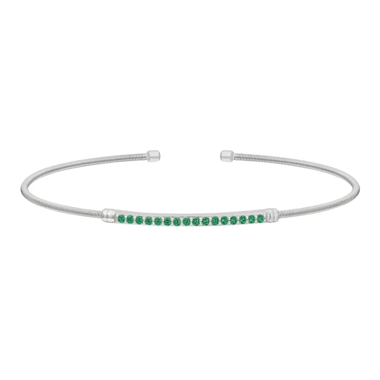 Unique Birthstone Bracelets-Rhodium Finish Sterling Silver Cable Cuff Bracelet with Simulated Emerald Birth Gems - May