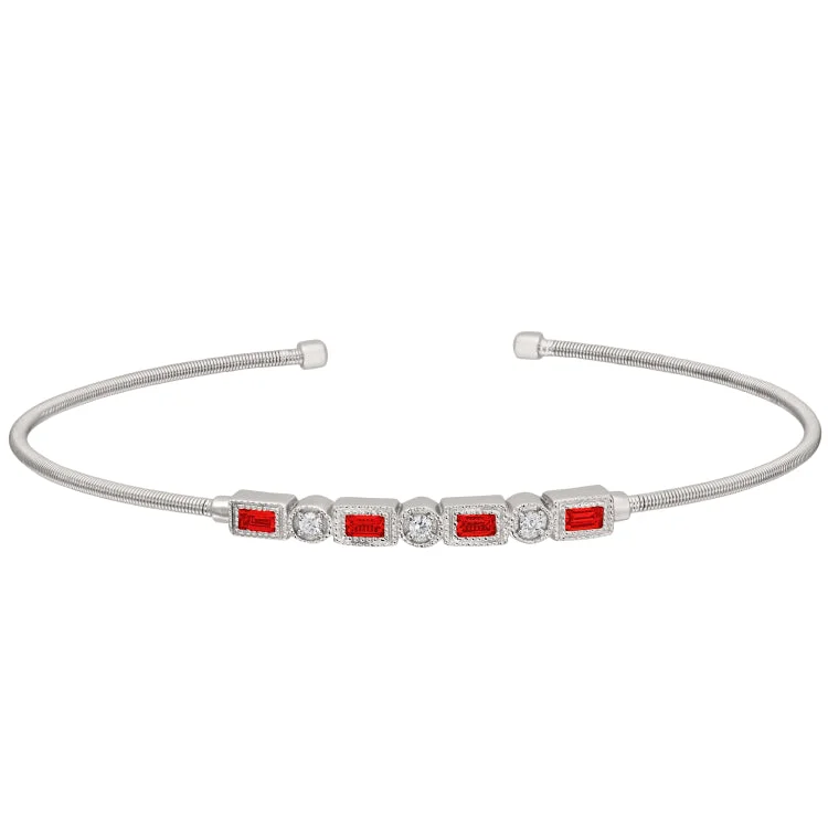 Beaded Bracelet Stack For Women-Rhodium Finish Sterling Silver Cable Cuff Bracelet with Simulated Ruby and Simulated Diamonds