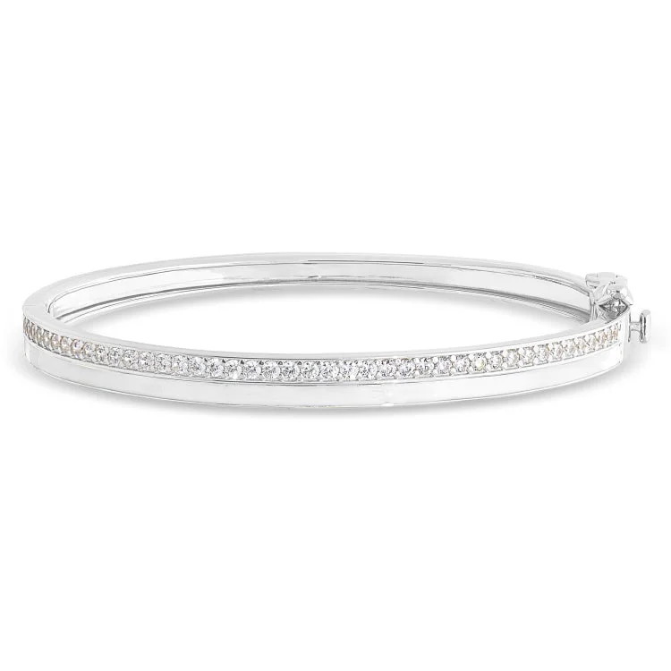 Adjustable Pearl Bracelets-Platinum Finish Sterling Silver Micropave Hinged Bangle Bracelet with with White Enamel and Simulated Diamonds