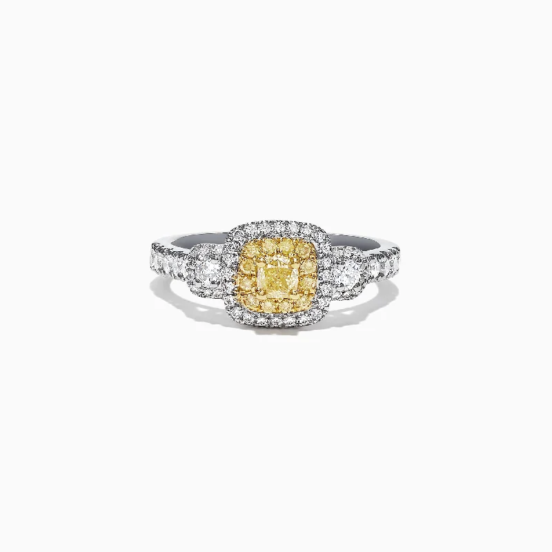 Classic Wedding Bands With Diamonds-Canare 18K Two-Tone Gold Cushion Double Halo Yellow Diamond Ring, 0.96 TCW