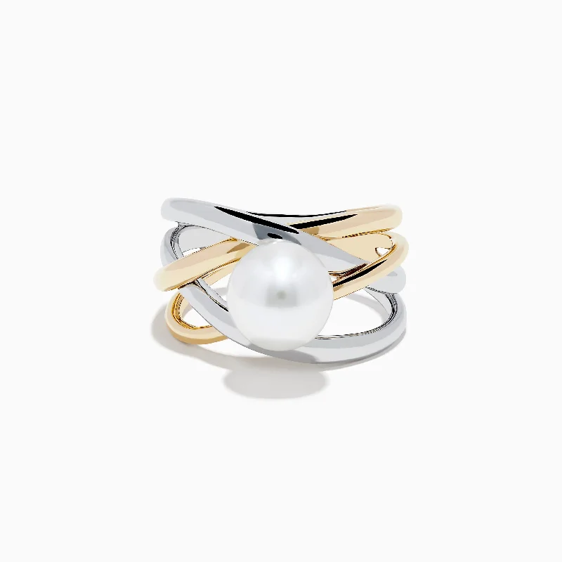 Engagement Rings With Heart Shaped Diamonds-925 Sterling Silver and 14K Yellow Gold Fresh Water Pearl Ring