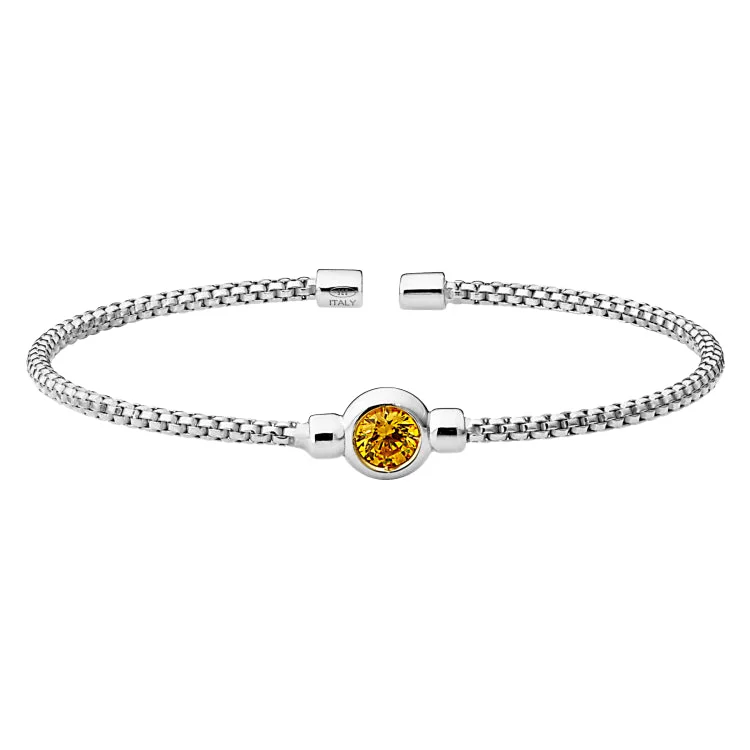 Stylish Women’s Bracelet Set-Rhodium Finish Sterling Silver Rounded Box Link Cuff Bracelet with Bezel Set Simulated Citrine Birth Gem