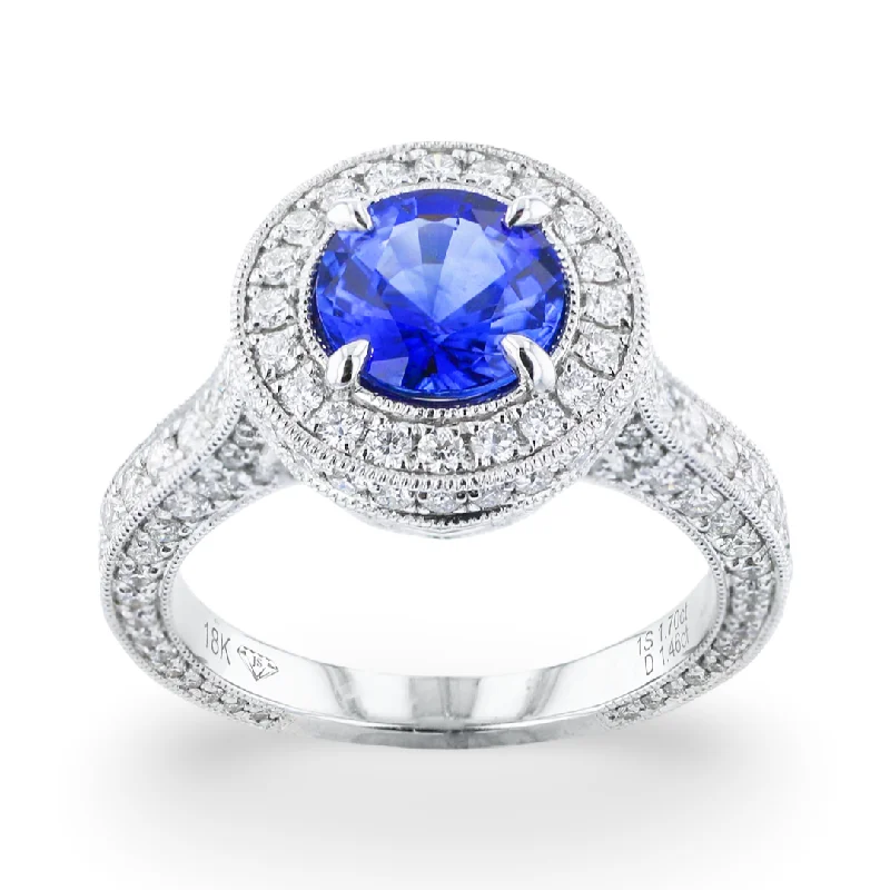 Vintage Engagement Rings For Her-JULEVE 18KT WHITE GOLD 1.70CT SAPPHIRE & 1.45CTW DIAMOND HALO RING