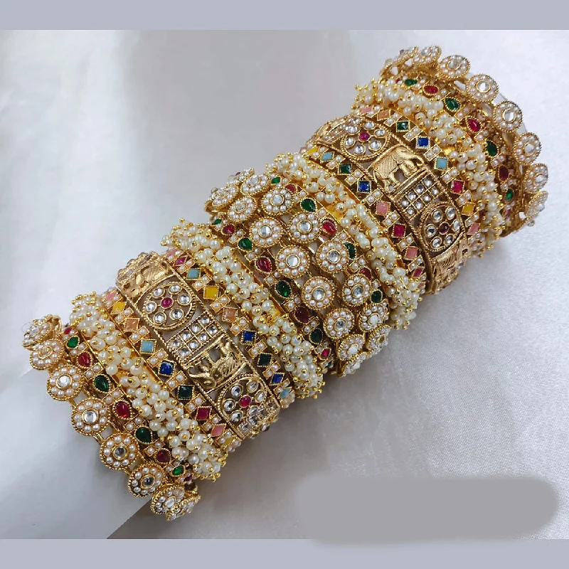 Customizable Bangles For Personal Touch-SNERA Gold Plated Pota Stone And Pearls Bangle Set