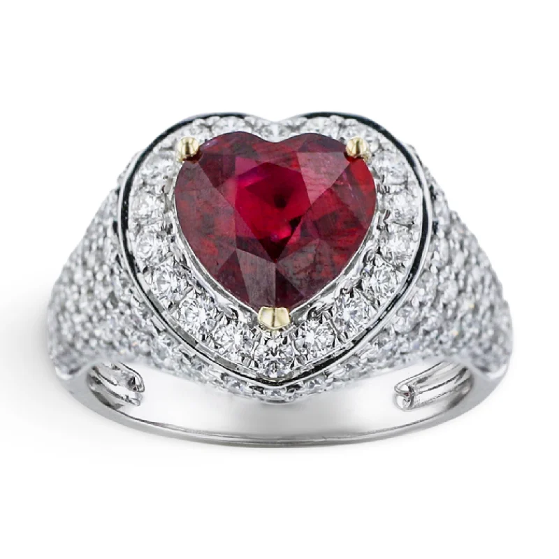 Custom Wedding Rings For Men With Diamonds-JULEVE 18KT WHITE GOLD 2.61CTW RUBY & 1.29CTW DIAMOND HALO RING