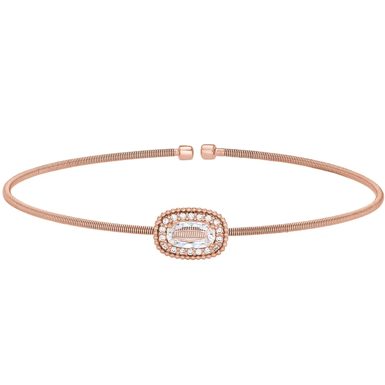 Personalized Couples Leather Bracelets-Rose Gold Finish Sterling Silver Cable Cuff Bracelet with Oval Halo Simulated Diamonds