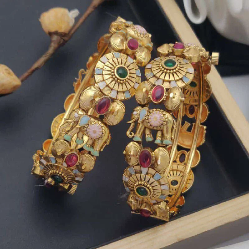 Classic Gold Bangles For Timeless Elegance-Akruti Collection Gold Plated Pota Stone And Meenakari Openable Bangles Set