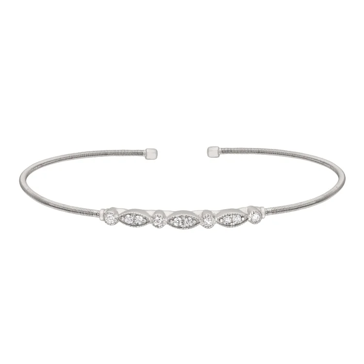 Statement Bracelets For Women-Rhodium Finish Sterling Silver Cable Cuff Bracelet with Simulated Diamond Marquis & Round Design