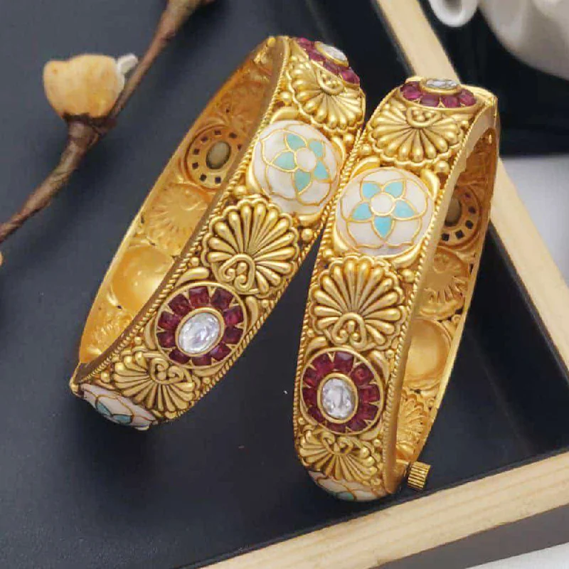 Silver Adjustable Bangles For Comfortable Fit-Akruti Collection Gold Plated Pota Stone And Meenakari Openable Bangles Set