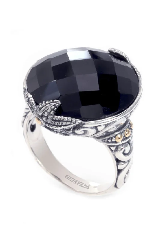 Classic Engagement Bands For Men-925 Sterling Silver and 18K Yellow Gold Onyx Ring, 12.65 TCW