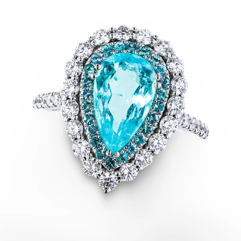 Custom Wedding Rings For Her With Rubies-JULEVE 18KT WHITE GOLD 2.32 PARAIBA TOURMALINE & 0.89CTW DIAMOND RING