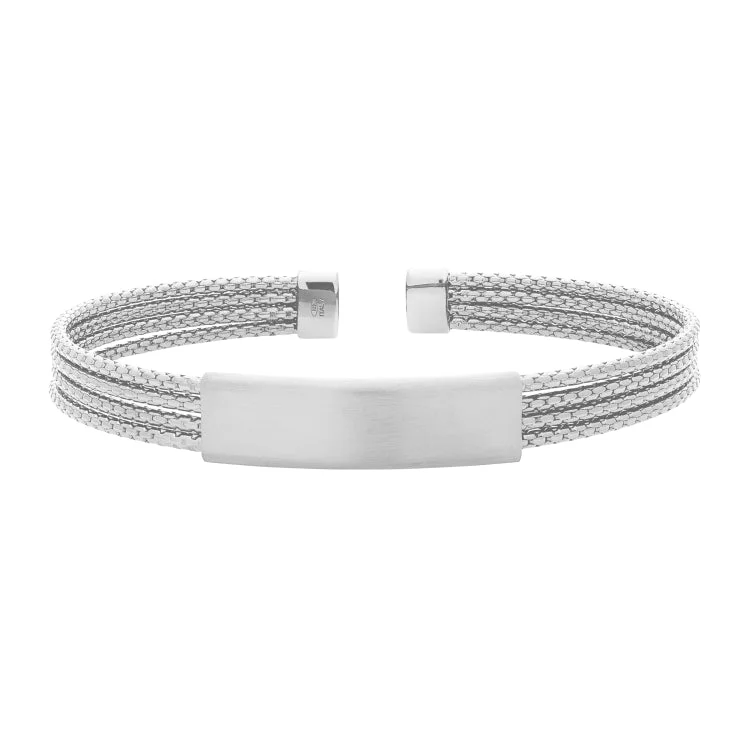 Luxury Pearl Bracelets For Brides-Rhodium Finished Sterling Silver 4 Cable ID Cuff Bracelet